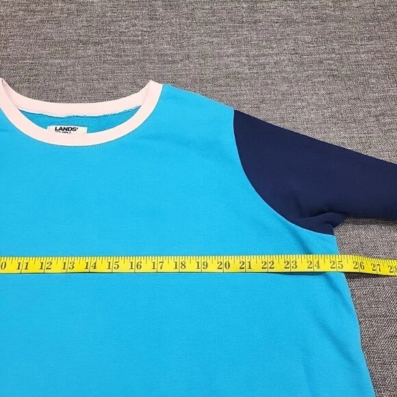 Lands End Serious Sweats Sweatshirt 1X Plus Size Teal Colorblock Print Pullover - Picture 2 of 10